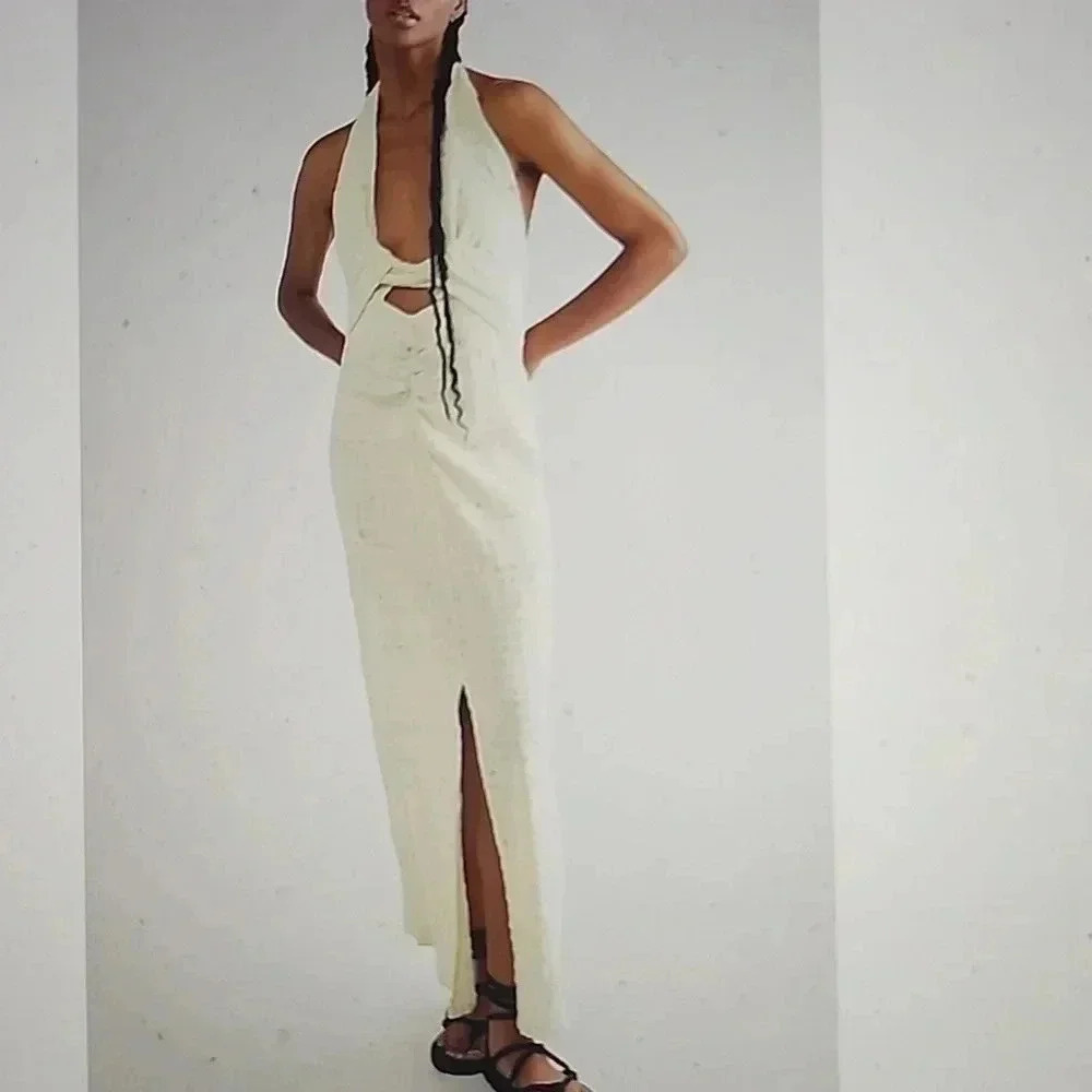 Free People Cream Halter Maxi Dress with Front Slit